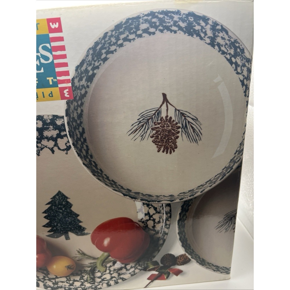 3pc Folkcraft Holiday Pines Chop Plate (Platter) 2 Serving Bowls Pinecone, Box - Picture 4 of 4